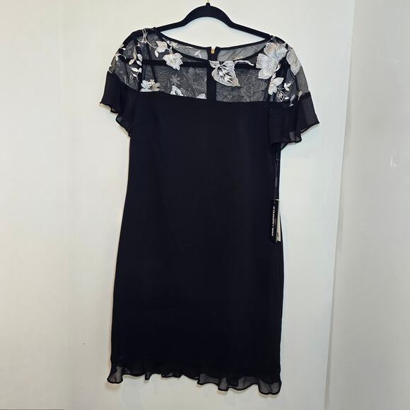 NWT Karl Lagerfeld Paris Dress Size 8 Black Cocktail Floral Mesh Yoke Ruffle Hem - Picture 1 of 9